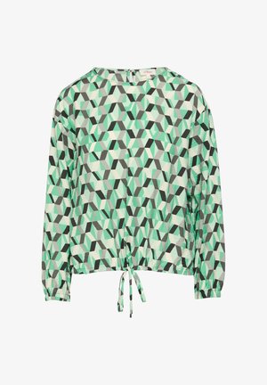 Bluzka z długim rękawem z lekkiego materiału, z geometrycznym wzorem w miętowej zieleni, szarości i czerni, z zebranym sznurkiem na dole.