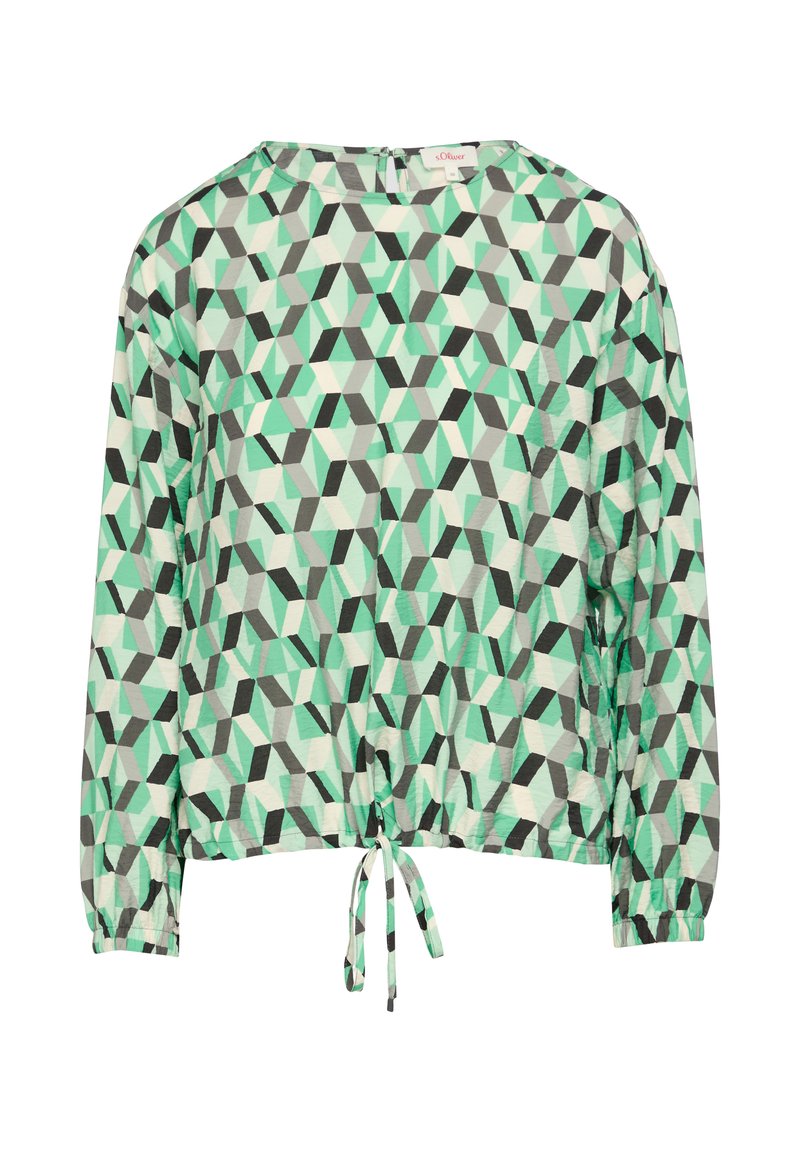 Langärmlige Bluse aus leichtem Stoff, mit geometrischem Muster in Mintgrün, Grau und Schwarz, und einem gerafften Bindeband am Saum.