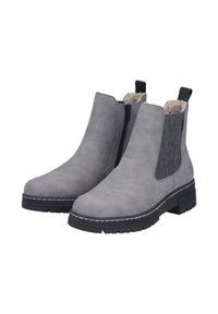 Grijze enkelboots van glad synthetisch materiaal, met elastische zij-invoegen, faux bont voering en contraststiksel op een dikke rubberen zool.
