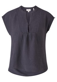 Blouse courte à manches courtes gris foncé, faite d'un tissu texturé. Présente un col montant, un bouton au niveau du col et une coupe décontractée avec un ourlet arrondi.