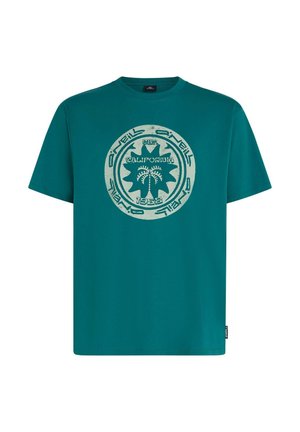T-shirt di cotone color teal con grafica circolare usurata raffigurante palme e la scritta "California 1962." Maniche corte e vestibilità comoda.