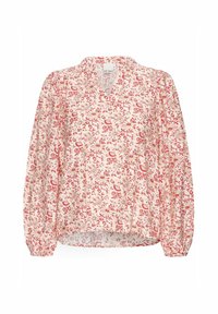 Blouse fleurie avec un fond rose clair, ornée de motifs rouges et dorés, à manches longues bouffantes et décolleté en V. Tissu doux et fluide.