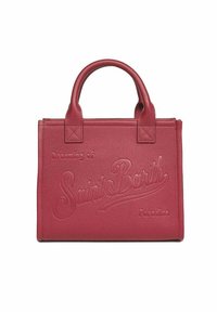 Rode leren handtas met een gestructureerde afwerking, met op de voorkant het reliëf van de tekst "Saint Barth" en "Paradise". Korte afgeronde handvaten.