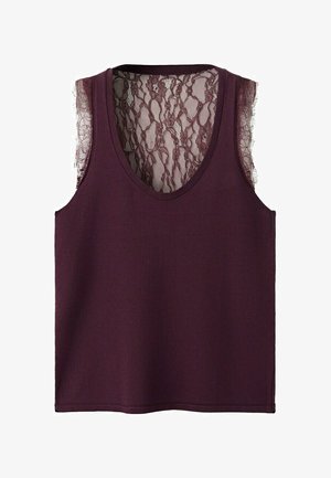 Haut sans manches violet foncé avec dos en dentelle et bordure en dentelle sur les bretelles, encolure dégagée et tissu avant lisse.