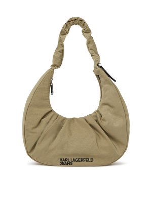 Beige slouchy shoulder bag with scrunched handle, zipper closure, and "KARL LAGERFELD JEANS" logo in black on front lower corner.