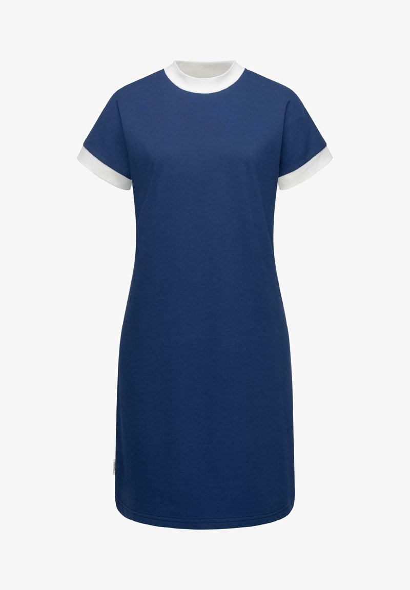 Tumedan sinine puuvillane kleit lühikeste varrukatega ning valge krae ja mansettidega, millel on mugav lõige ja sile tekstuur. Ilma nähtavate mustrite või aktsentideta.