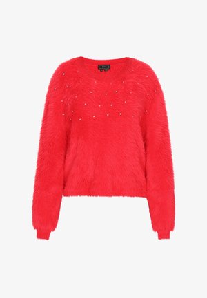 Flauschiger roter Pullover mit rundem Halsausschnitt, langen Ärmeln und dekorativen Strasssteinen auf der Vorderseite, mit einer verkürzten Passform und weicher Textur.