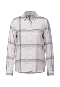 Camicia a maniche lunghe con bottoni di colore grigio chiaro, decorata con strisce blu, lavanda e grigie. Tessuto morbido con colletto classico e polsini con un bottone.