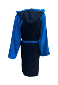 Accappatoio in velour blu e nero con cappuccio, maniche lunghe e cintura; logo "Speedo" visibile sulla manica sinistra.