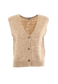 Gilet in maglia beige con scollatura a V profonda, dotato di cinque bottoni rivestiti in tessuto e orlo a coste. Texture morbida con un motivo sottile.