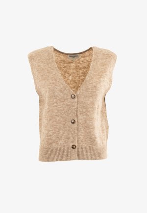 Gilet en tricot beige avec un décolleté en V profond, comportant cinq boutons recouverts de tissu et un ourlet côtelé. Texture douce avec un motif subtil.