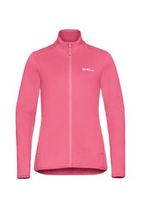 Veste en polaire rose avec une fermeture éclair intégrale, col montant, manches longues et tissu texturé. Présente un petit logo sur la poitrine gauche.