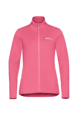 Roze fleece jacks met een volledige rits, staande kraag, lange mouwen en een gestructureerde stof. Heeft een klein logo op de linkerborst.