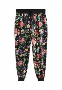 Blumen-Jogginghosen mit schwarzem Hintergrund, überaus lebhaften roten und lila Blumen, elastischem Bund mit Kordelzug und gerippten Bündchen.