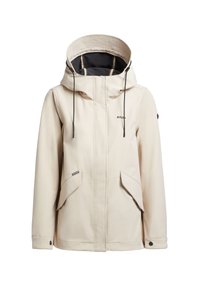 Ljusbeige vattentät jacka med hög krage, justerbar huva, två sidofickor och svart innerfoder. Har en minimal design.