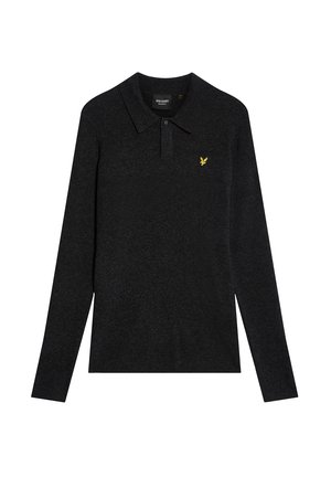 Long-sleeve polo shirt in dark grey knit fabric. Features a classic collar and a yellow eagle logo on the left chest.