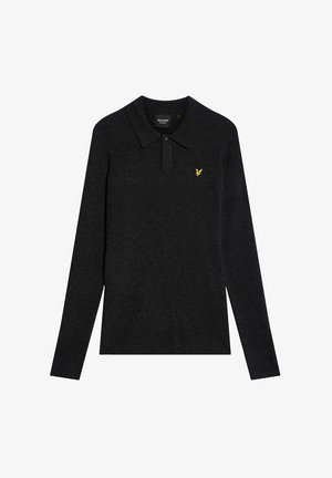Langärmeliges Poloshirt aus dunkelgrauem Strickstoff. Mit klassischem Kragen und gelbem Adler-Logo auf der linken Brust.