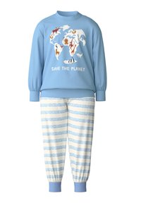 Lichtblauwe sweatshirt met een wereldkaart graphic, featuring kleurrijke dieren en de tekst "RED DE AARDE". Bijpassende gestreepte pyjamabroek.