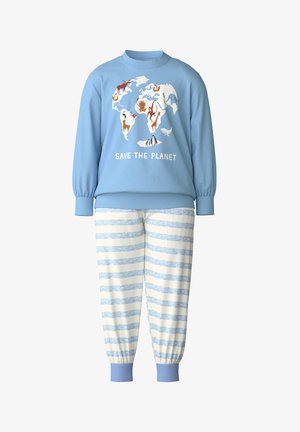 Light blue sweatshirt with a world map graphic, featuring colorful animals and “SAVE THE PLANET” text. Matching striped pajama pants.