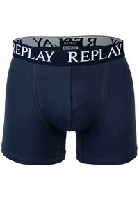 Navyblauwe katoenen boxershorts met een zwarte elastische tailleband met witte "REPLAY" logo. Glad oppervlak en aansluitend ontwerp.