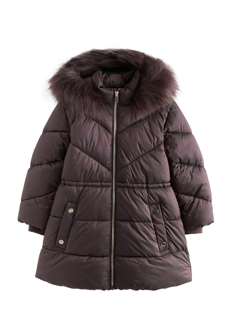 Manteau matelassé marron foncé avec fermeture éclair devant, deux poches à boutons-pression, manches longues et une grande capuche bordée de fausse fourrure duveteuse.