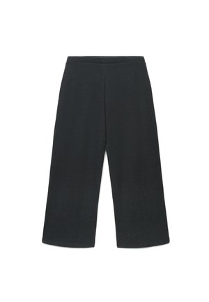Pantaloni neri a gamba larga, tagliati sopra la caviglia, con vita alta, senza tasche visibili o decorazioni su sfondo bianco.