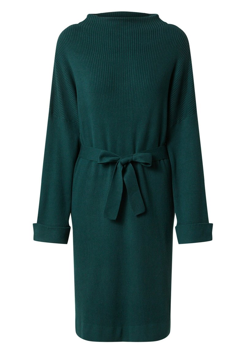Dunkelgrünes geripptes Strickkleid mit langen Ärmeln und einem gebundenen Gürtel in der Taille, mit umgeschlagenen Manschetten und einer geraden Silhouette.