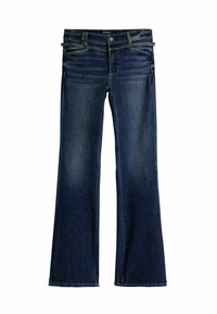 Tamsiai mėlynos džinsinės platėjančios kelnes su dviem priekinių kišenėlių, užtrauktuku ir mygtuko uždarymu. Išsiskiria subtilia tekstūra ir siuvinėjimo detalėmis.