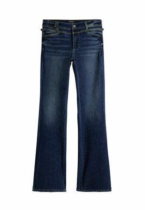 Mörkblå denim jeans med utsvängda ben, två framfickor, dragkedja och knappstängning. Har en subtil textur och sömnadsdetaljer.