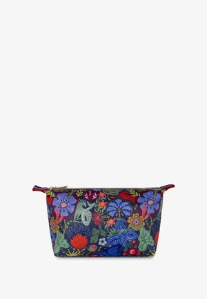 Geprinte cosmetica tas met een marineblauwe achtergrond versierd met kleurrijke bloemmotieven in rood, blauw en groen; gouden ritsdetail.