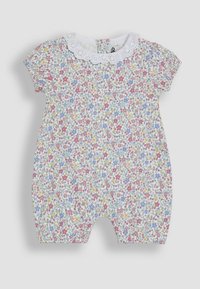 Floral romper in white with pink, blue, and yellow flowers. Features a scalloped white collar and short sleeves. Soft, lightweight fabric.