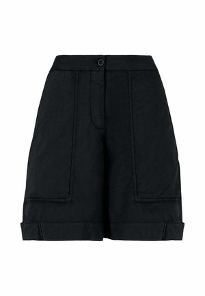 Czarne szorty z wysokim stanem, zapinane z przodu na guziki, z dużymi naszywanymi kieszeniami i podwiniętymi brzegami.