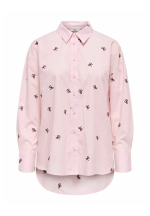 Ljusrosa skjorta med knappar, långärmad och med små mörka broderade abstrakta mönster spridda över tyget.