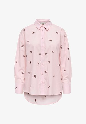 Light pink button-up shirt with long sleeves and small dark embroidered abstract patterns scattered across fabric.