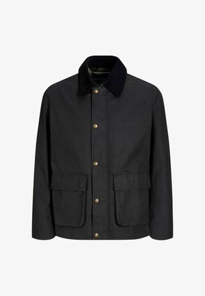 Chaqueta negra encerada con cuello de pana, con botones a presión dorados y dos bolsillos delanteros. Textura suave y diseño clásico.