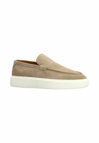 Beige suede slip-on shoes with a white rubber sole, featuring a stitched detailing along the edge and a smooth, rounded toe design.