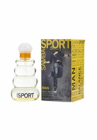 Samba Sport Eau de Toilette selkeässä, pyöreässä pullossa, jossa on oranssia yksityiskohtaa. Laatikkossa on rohkeita keltaisia grafiikoita ja tekstiä, joka esittää toimintaposeerausta.