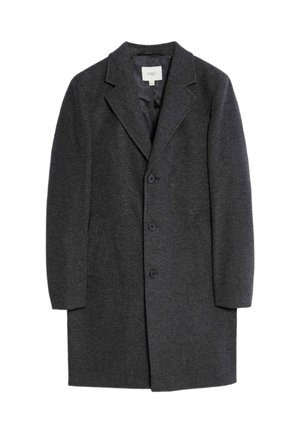 Dunkelgrauer Wollmantel mit Reverskragen, Drei-Knopf-Verschluss und seitlichen Taschen. Glatte Textur und taillierte Passform.