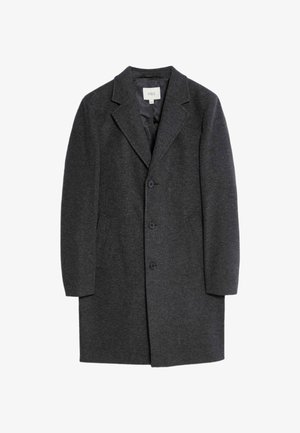 Donkergrijze wollen overjas met een gekartelde kraag, drukknoopsluiting en zijzakken. Soepele textuur en getailleerde pasvorm.