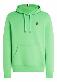 Felpa verde in cotone con tasca a marsupio, cappuccio regolabile con lacci e logo ricamato con accenti rossi e blu.