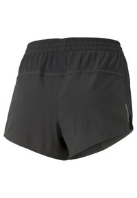 Pantalones cortos atléticos negros con una textura ligera y suave. Presenta una cintura elástica, dobladillo curvado y detalles de malla para una mayor transpirabilidad.