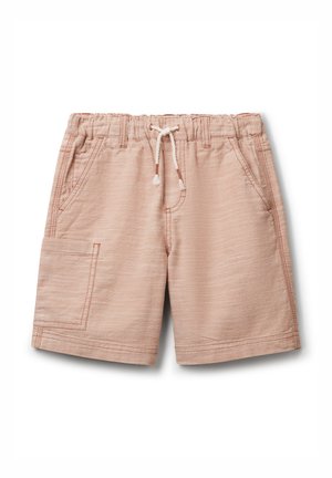 Pantaloni cargo rosa chiaro realizzati in un tessuto texture, con vita elasticizzata e cordino, tasche laterali e una tasca cargo singola.