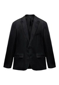 Schwarzer Blazer mit glatter Textur, einreihiger Knopfverschluss, Reverskragen, zwei vordere Taschen und taillierte Passform. Gefüttertes Innenfutter.