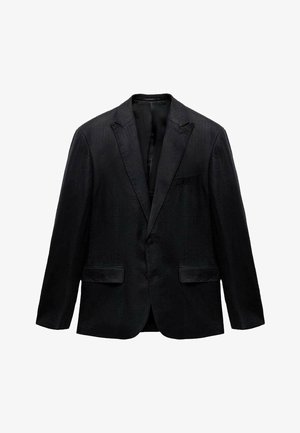 Čierny blazer s hladkou textúrou, predným zapínaním na jeden gombík, klopovými límci, dvoma prednými vreckami a prispôsobeným strihom. Podšívaný interiér.