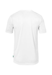 Hvid T-shirt med korte ærmer lavet af blød bomuld, med rund halsudskæring og et lille grønt mærke på venstre side.