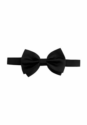Black satin bow tie with a smooth texture, featuring two prominent loops and a central knot, attached to a matching black adjustable strap.