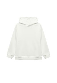 Biały, gładki sweatshirt z kapturem, długimi rękawami, ściągaczami na mankietach i ściągaczem na dole, zaprezentowany na białym tle.