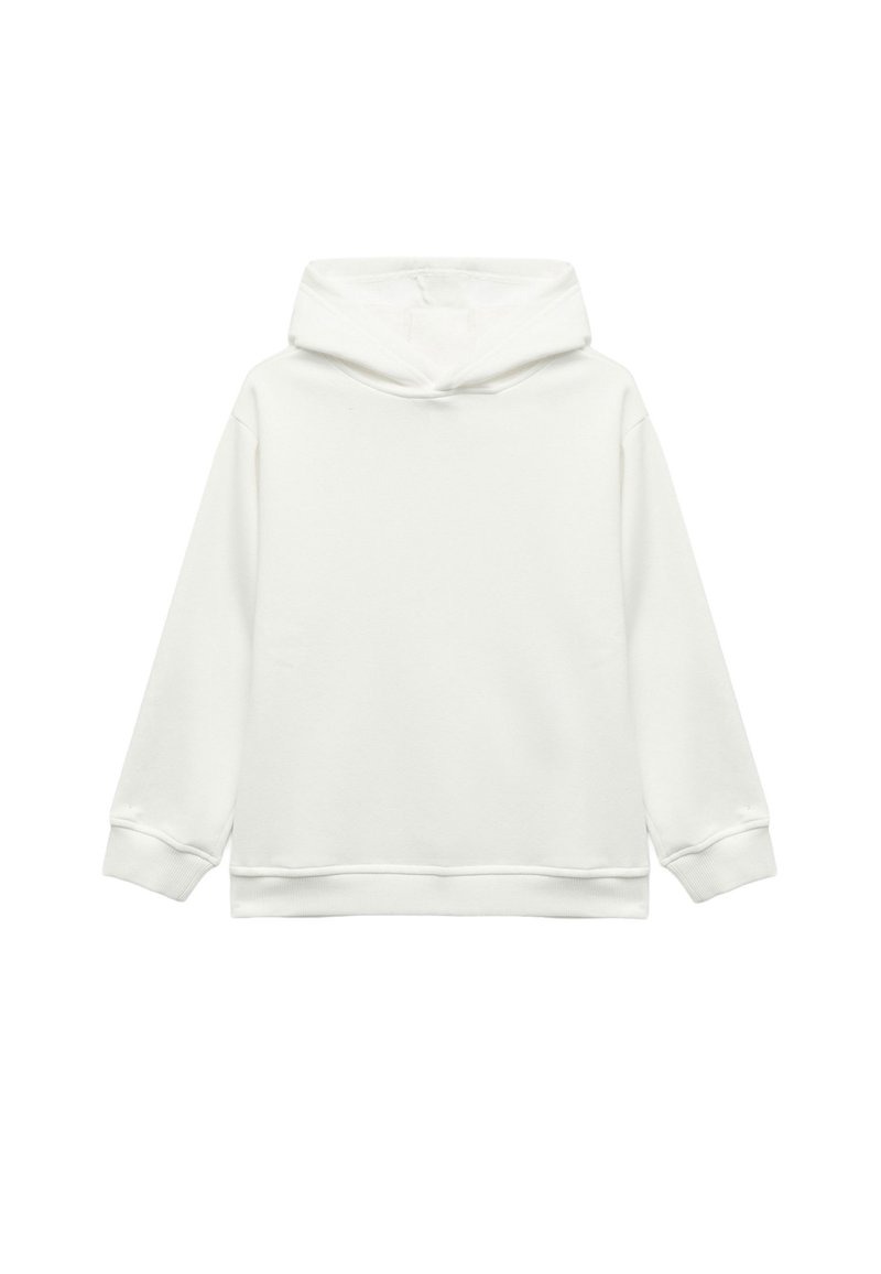 Biały, gładki sweatshirt z kapturem, długimi rękawami, ściągaczami na mankietach i ściągaczem na dole, zaprezentowany na białym tle.