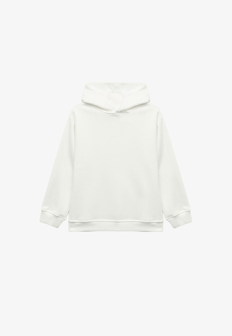 Sweatshirt à capuche blanc uni avec manches longues, poignets côtelés et ourlet côtelé, présenté sur un fond blanc.