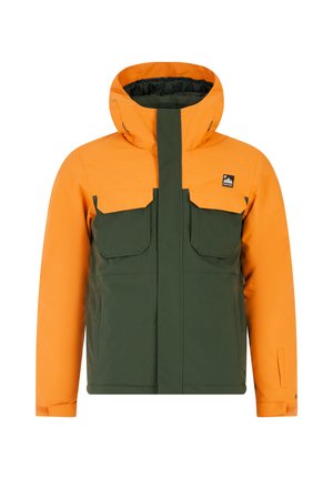 Bicolore jas met een oranje bovenhelft en een groene onderhelft. Inclusief capuchon, twee voorzakken en een ritssluiting.